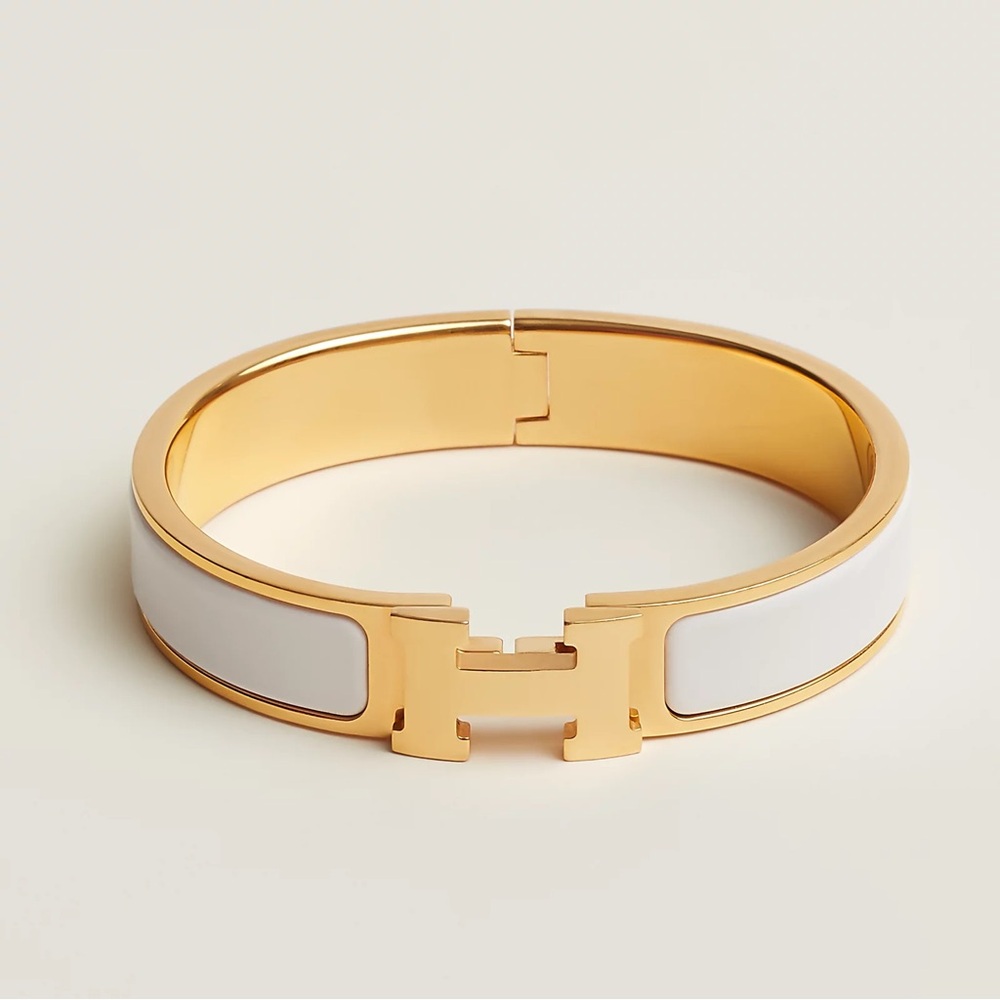 HERMES Gold Plated White Enamel Clic Clac H Bracelet PM Auth preowned with bag